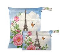 Amooorous Tour de fer romantique parisienne avec fleurs bleues réutilisables Lot de 2 sacs essentiels de voyage pour voler avec poignées pour le bain, le yoga