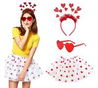 Amor Costume pour femme avec jupe en tulle en forme de cœur, costume de Saint-Valentin avec bandeau en forme de cœur rouge et lunettes en forme de cœur, costume pour carnaval, cosplay, fête, costume