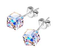 AMOR SPES Boucles d'oreilles à tige carrées en plaqué argent S925 avec cristaux irisés changeant de couleur, Argent sterling, Cristal