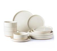 AmorArc Service de table 12 pièces en céramique pour 4 personnes, assiettes et bols en grès moucheté avec terre cuite non émaillée - Résistant aux rayures, au lave-vaisselle et au micro-ondes - Beige