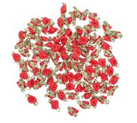 Amosfun 100 Pièces Roses en Ruban Satin Rouge avec Feuilles Vertes, Fleurs en Tissu pour Loisirs Créatifs, Décorations DIY pour Vêtements, Accessoires Cheveux et Ornements Mariage