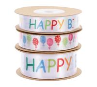 Amosfun 3 Rouleaux Ruban pour Anniversaire en Polyester Motifs Ballon et Lettres, 3 Rouleaux pour Décoration DIY de Paquets Présents et Gâteaux, Facile à Couper et Nouer