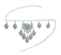Amosfun Bandeau Frontal Vintage en Chaîne Argentée avec Pendentif Turquoise et Pompon, Accessoire de Coiffure Ethnique Léger pour Mariage, Carnaval et Fêtes, Bijou de Tête Élégant