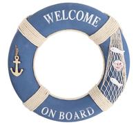 Amosfun Bouée de Sauvetage décorative Vintage Nautique avec Inscription « Welcome on Board » - Décoration Murale - 50 cm - Bleu