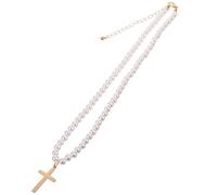 Amosfun Collier pour Femmes en Perles Blanches Pendentif Croix en Or, Chaîne Délicate, Accessoire Mode Polyvalent pour Occasions Quotidiennes et Festives