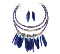 Amosfun Ensemble de Bijoux Femme en Alliage, Collier à Pendentif Plume et Boucles D'oreilles à Franges, Bijoux Rétro Multirangs, Couleur Bleue, Accessoires Élégants pour Soirée et Mariage