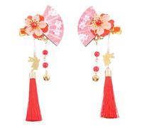 Amosfun Lot de 2 Épingles à Cheveux en Alliage Rouge D'éventail Japonerie Fleurs, Pompons et Clochettes, Accessoires Coiffure pour Femmes et Filles, Décoration pour Mariages et Fêtes
