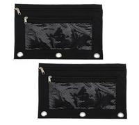 Amosfun Lot de 2 Trousses à Crayons en Tissu Oxford Noir, Format B5 avec Double Couche Zippée, Trois Œillets et Fenêtre en Filet, Porte-fournitures Scolaires Pratique pour Classeurs