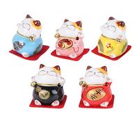 Amosfun Lot de 5 mini maneki Neko mignon chat chanceux figurine Fengshui chinois japonais statue chanceuse chat pour intérieur de voiture de table décoration