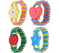 Amosfun Montres-Jouets en Bois pour Enfants, 4 Pièces, avec Bracelets Extensibles, Jouets Créatifs en Bois de Dessin Animé, Motifs Aléatoires