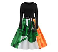 Amosfun Robe à Col Rond Robe de Thé à Manches Longues Trèfle Trèfle Jupe Bow Sash Robe Swing Irish St. Accessoires de Costume de Fête de Patricks