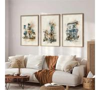 AMOSIJOY Lot de 3 Affiches Aquarelle Architecture Française sans Cadre, Triptyque de Façades, Ruelles, Volets Bleus, Déco Murale Boho Campagne Chic pour Salon et Chambre (A,A,30 * 40cm)