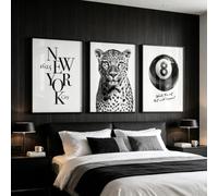 AMOSIJOY Lot de 3 posters déco noir et blanc, affiche New York, portrait de léopard et boule de billard 8, tableau pour le salon et la chambre mural moderne sans cadre (40x60cm)