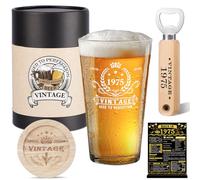 Amosking Cadeau d'anniversaire pour homme - Verre à bière vintage 1975 - Décapsuleur en bois - Boîte à bière vintage - Dessous de verre en bois - Carte de vœux et affiche - Carte d'anniversaire de 50e