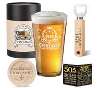 Amosking Cadeau d'anniversaire pour homme - Verre à bière vintage 1976 - Décapsuleur en bois - Boîte à bière vintage - Dessous de verre en bois - Carte de vœux et affiche - Carte d'anniversaire de 50e