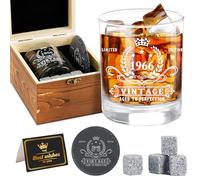 Amosking Cadeaux d'anniversaire pour hommes, ensemble de verres à whisky vintage 1966, boîte en bois, pierres à whisky, dessous de verre, carte de vœux, idées de cadeaux d'anniversaire pour lui, homme