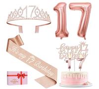 Amosking Décorations de 17e anniversaire pour filles, y compris écharpe et diadème, décoration de gâteau et bougies, ballons en forme de chiffre or rose, cadeaux de 17 ans pour filles
