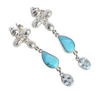 Amour Boucles d'oreilles turquoise et topaze bleue - Cabochons sentimentaux en forme de poire et pierre précieuse ovale en argent sterling, 63 mm de long, 13x8, 8x6, Argent sterling, Turquoise Arizona