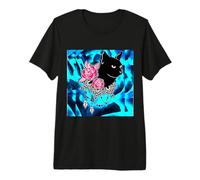 Amour DE Chat Noir Mignon sur Bleu T-Shirt Haut de Gamme