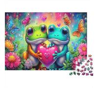 Amour Grenouilles Papier Premium Deux Grenouilles Tenant Un cœur dans des Fleurs Puzzle à Monter soi-même Cadeau de Noël Stimulant Mental 52x38cm/1000 pièces