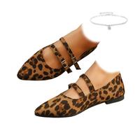 AMOUSDRDR Ballerines orthopédiques Mary Jane en daim pour femme, bout pointu en daim doux et confortable à enfiler, imprimé léopard, 0 UK