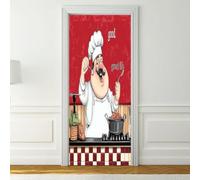 Amovible Durable Décorative Autocollant de Porte 95 x 215 cm, Rouge Blanc | Cartoon Style Italien Étanche PVC Stickers pour Chambre Cuisine, Cuisinier Marmite Cuillère Auto-adhésif Sticker De Porte