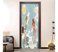 Amovible Sticker de Porte Résistant à l'eau Fleur De Cerisier Koi Chinois Autocollant Auto-adhésif Vinyle 73 x 205 cm Bleu Clair Pour intérieure Porte Bureau Salon Salle