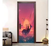 Amovible Stickers Autocollant Baleine Au Coucher Du Soleil De RêVe Porte 3D Auto-adhésif Autocollant Porte Vinyle Rose Papier Peint Résistant à l'eau et à l'humidité 77 x 200 cm