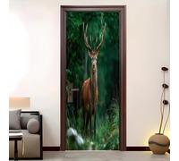 Amovible Stickers Autocollant Cerf Animal De La ForêT Porte 3D Auto-adhésif Autocollant Porte Vinyle Vert Papier Peint Résistant à l'eau et à l'humidité 95 x 205 cm