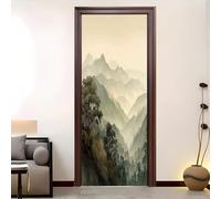 Amovible Stickers Autocollant Peinture à L'Encre De Montagne Et De ForêT Porte 3D Auto-adhésif Autocollant Porte Vinyle De Couleur Claire Papier Peint Résistant à l'eau et à l'humidité 73 x 205 cm