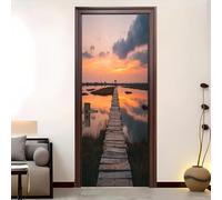 Amovible Stickers Autocollant Pont En Bois RefléTé Dans L'Eau Du Lac Porte 3D Auto-adhésif Autocollant Porte Vinyle Jaune Orangé Papier Peint Résistant à l'eau et à l'humidité 90 x 200 cm