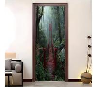 Amovible Stickers Autocollant Pont Suspendu Rouge De La ForêT Porte 3D Auto-adhésif Autocollant Porte Vinyle Vert Papier Peint Résistant à l'eau et à l'humidité 73 x 205 cm