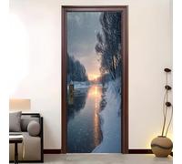 Amovible Stickers Autocollant ScèNe De Neige Sur La CôTe Hivernale Porte 3D Auto-adhésif Autocollant Porte Vinyle De Couleur Claire Papier Peint Résistant à l'eau et à l'humidité 90 x 200 cm