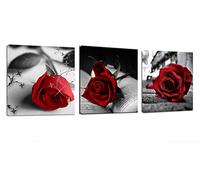 Amoy Art - Rose Rouge Livre Fleurs sur Toile Murale Art Floral Impressions sur Toile de Photos pour la Décoration de la Maison Prête à Suspendre Lot DE 3 Panneaux 12x12inch x3