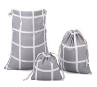 Amoyie Lot de 3 Sac à Cordon Tissu, Petit Pochette Rangement Bebe Maternite, Cotton Organiseurs de Bagage pour Voyage, Jouets, Vêtements Enfant, Tartan Gris