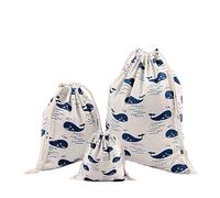 Amoyie Lot de 3 Sac à Cordon Tissu, Petit Pochette Rangement Bebe Maternite, Cotton Organiseurs de Bagage pour Voyage, Jouets, Vêtements Enfant, baleine