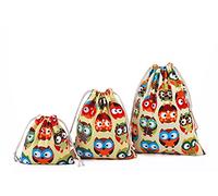 Amoyie Lot de 3 Sac à Cordon Tissu, Petit Pochette Rangement Bebe Maternite, Cotton Organiseurs de Bagage pour Voyage, Jouets, Vêtements Enfant, Hibou