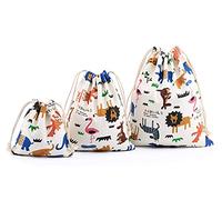 Amoyie Lot de 3 Sac à Cordon Tissu, Petit Pochette Rangement Bebe Maternite, Cotton Organiseurs de Bagage pour Voyage, Jouets, Vêtements Enfant, Beige Animal
