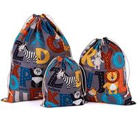 Amoyie Lot de 3 Sac à Cordon Tissu, Pochette Rangement Bebe Maternite, Cotton Organiseurs de Bagage pour Voyage, Jouets, Vêtements Enfant, Panda Girafe Lion