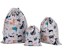 Amoyie Lot de 3 Sac à Cordon Tissu, Pochette Rangement Bebe Maternite, Cotton Organiseurs de Bagage pour Voyage, Jouets, Vêtements Enfant, Chien Gris