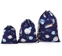 Amoyie Lot de 3 Sac à Cordon Tissu, Pochette Rangement Bebe Maternite, Cotton Organiseurs de Bagage pour Voyage, Jouets, Vêtements Enfant, Bleu Espace fusée