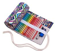 Amoyie Trousse Enroulable pour 36 Crayons de Couleur, Pliable Rangement en Tissu Crayon, Rayures Violettes
