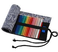 Amoyie Trousse Enroulable pour 48 Crayons de Couleur, Pliable Pochette Crayon, Etui Art, Sac Rangement Tissu, Gris Rayures