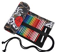 Amoyie Trousse Enroulable pour 48 Crayons de Couleur, Pliable Pochette Crayon, Etui Art, Sac Rangement Tissu, Crâne Noir