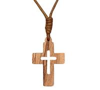 Ampals,Collier Marron avec Croix Bois Olivier Authentique fait main à Jérusalem,Boite Kraft Cordon Jute,Cadeau Noël,Baptême, Communion,Fête Chrétienne,Anniversaire,Protection voiture, Maison,Bien-Etre