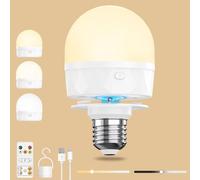 Ampoule LED E27 rechargeable avec télécommande, batterie USB C rechargeable avec batterie de 2200 mAh, crochet magnétique, 3 couleurs, minuterie à intensité variable, sans électricité, pour éclairage