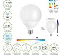 Ampoule Led Globe Sphère E27. 13,5 Watt. Equivalent à 100 Watt. 1521 Lumens. Lumière froide 6500º K.