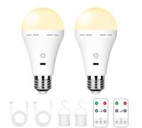 Ampoule LED Rechargeable E27 avec Télécommande & Tactile, 3000K, Lot de 2 | Batterie 2600mAh, LED Dimmable 7W 700lm, Charge USB-C, 3 Minuterie, Crochet, pour Lampes Sans Câblage, Extérieur