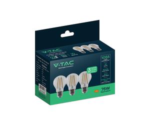 Ampoule LED V-TAC - RTL GLS - Douille E27 - IP20 - Transparente - 10 W - 1055 lumens - 3000 K - Lot de 3