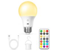 Ampoule Rechargeable E27 Télécommande & Tactile, Batterie 2600mAh, 1 Pack | LED, USB-C, Dimmable, 8W 800LM, 3 Températures, 9 Couleurs RGB & 2 Modes, 3 Minuteries, Crochet, pour Lampes sans électricité